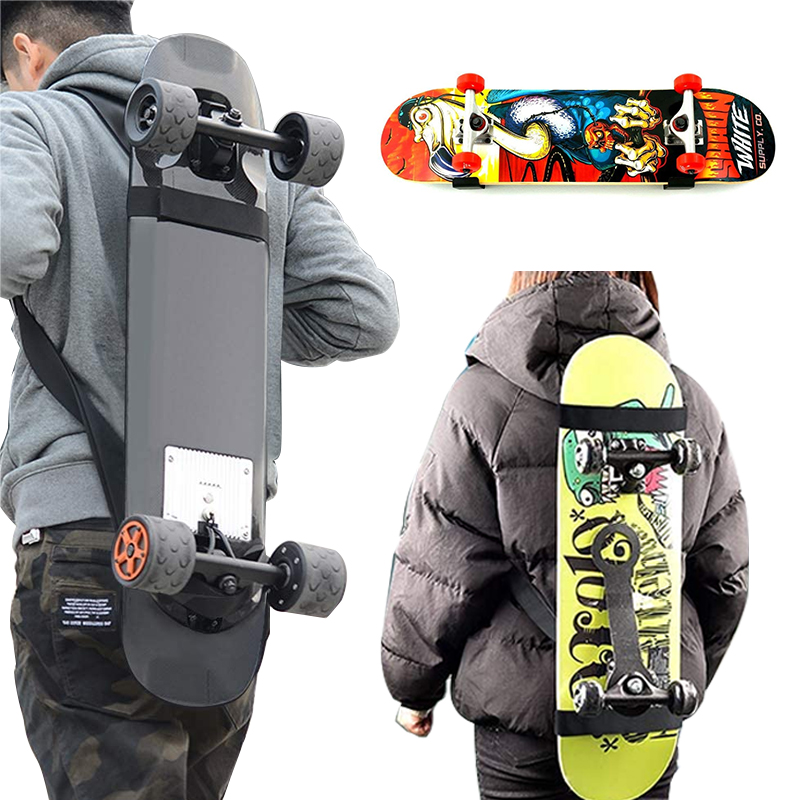 1 skateboard shoulder belt + 2 longboards tied
